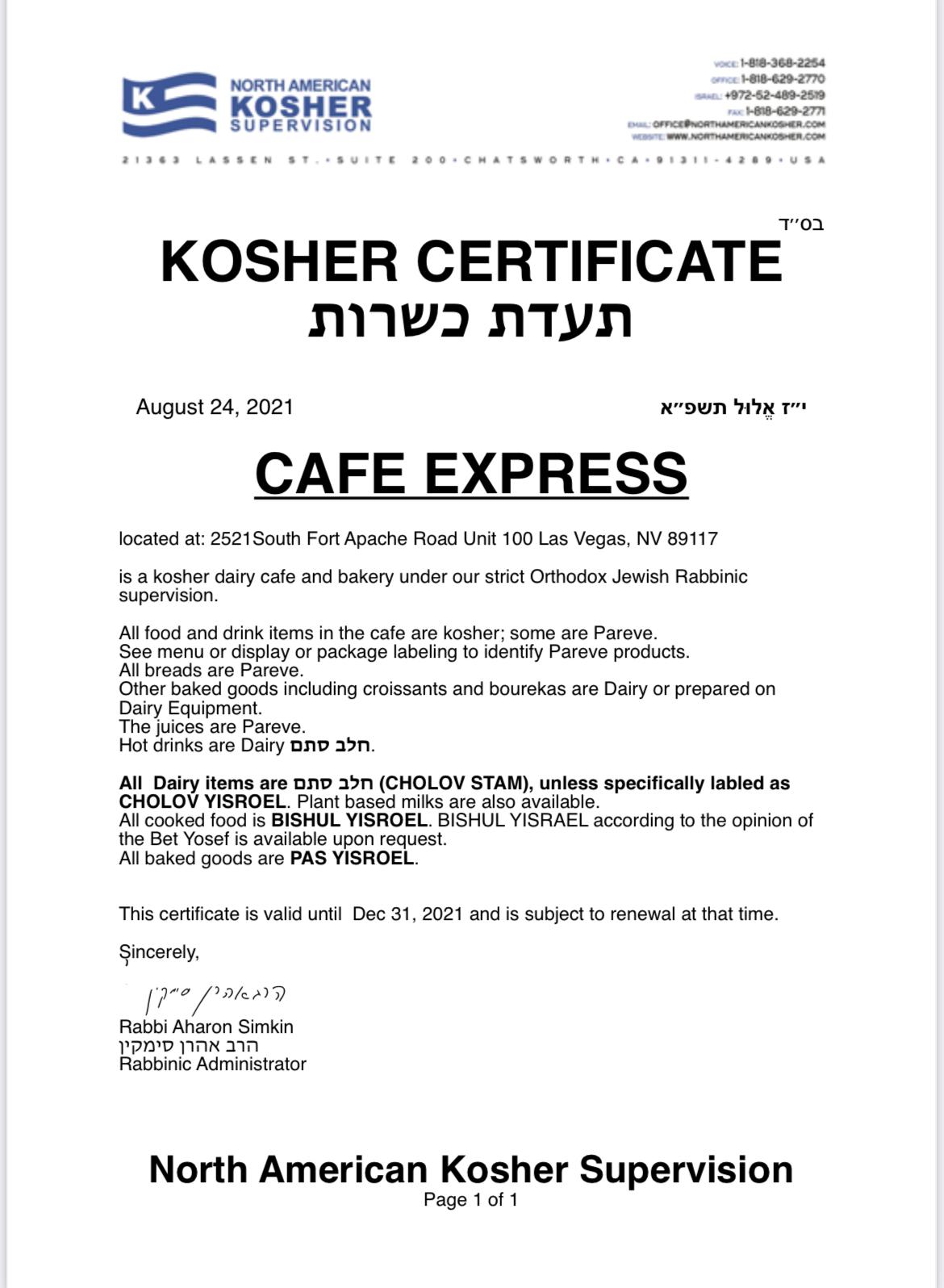 Kosher Supervision ⋆ Cafe Express Las Vegas 725.780.4329